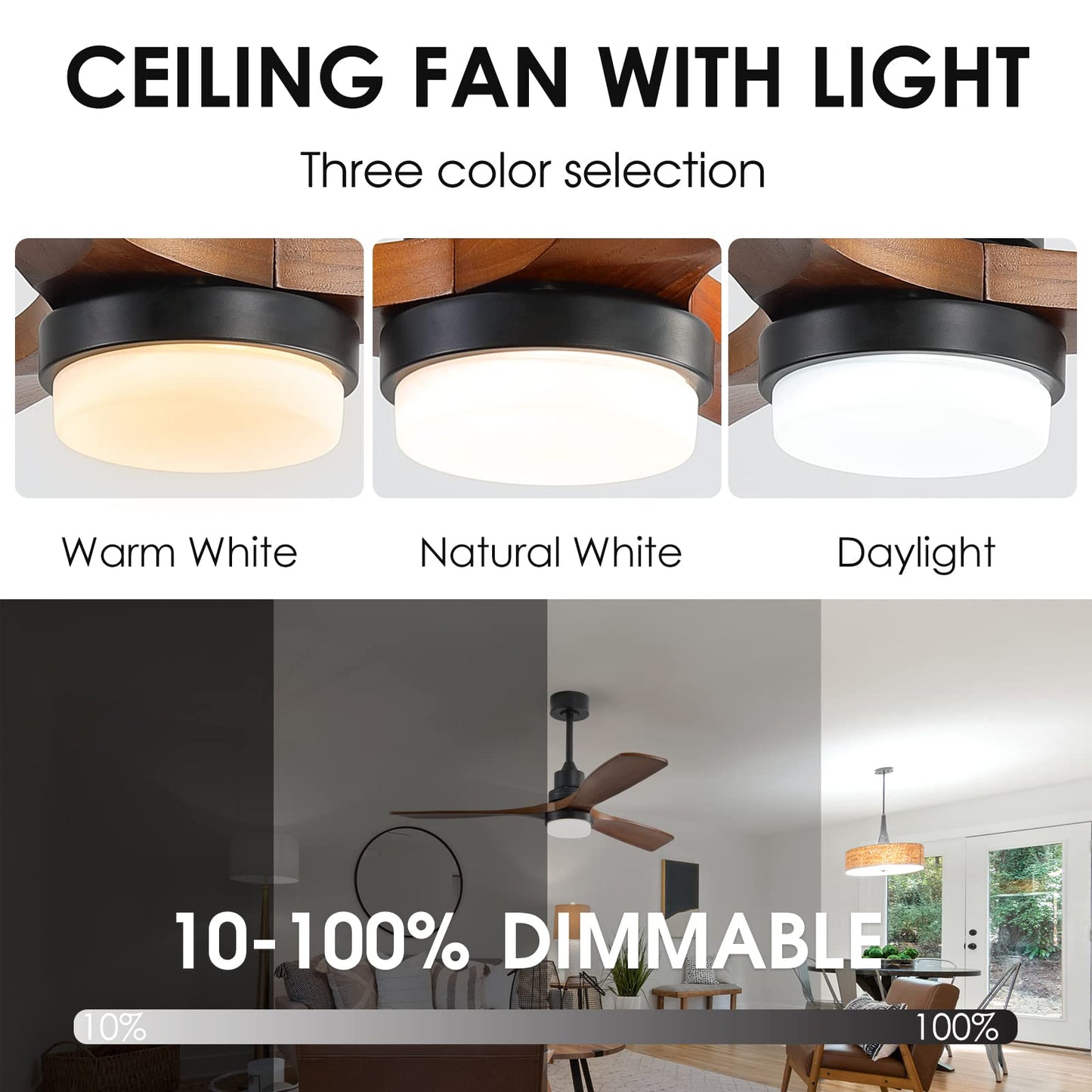 E Energetic Lighting 52 Ceiling Fan With Lights Remote Control, 3 Walnut Fan Blades Reversible Noiseless Dc Motor Modern Wood Ce