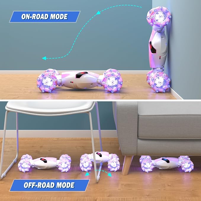 Gesture Sensing Rc Stunt Car with Light & Music, 2.4GH 4WD Hand Controlled Double Sided 360° Flips Off Road Transform Vehicle Truck with LED Eyes, Toy Gift for Kid Age 8+ Girls (Pink)