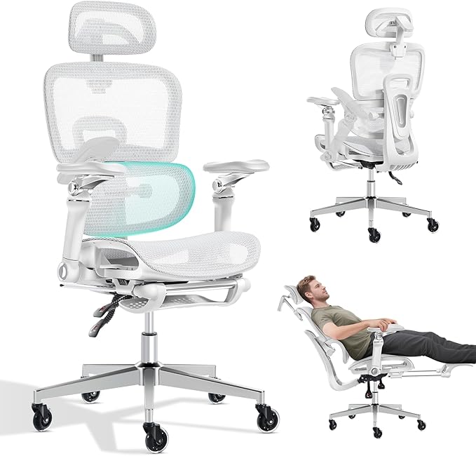 Morkprism Ergonomic Office Chair with 9D Arms,Adjustable Seat Depth,3D Lumbar Support,135° Recline,3D Headrest & Footrest,Mesh Computer Desk Chair for Home & Executive Office Grey White