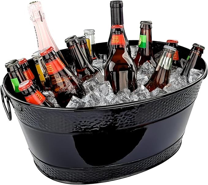 BREKX Colt Black Galvanized Beverage Tub with Handles, 16-Bottle Metal Bucket Ice Cooler to Chill Drinks, Oval Metal Baske...
