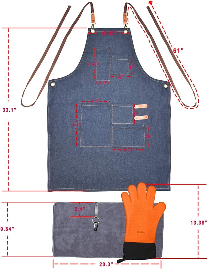 Grilling Apron Set Include 1 BBQ Glove,1 Bottle Opener,1 Towel and 1 Demin Apron for Chef Kitchen BBQ Grill, Nice Fathers Day or Dad Birthdays Gifts