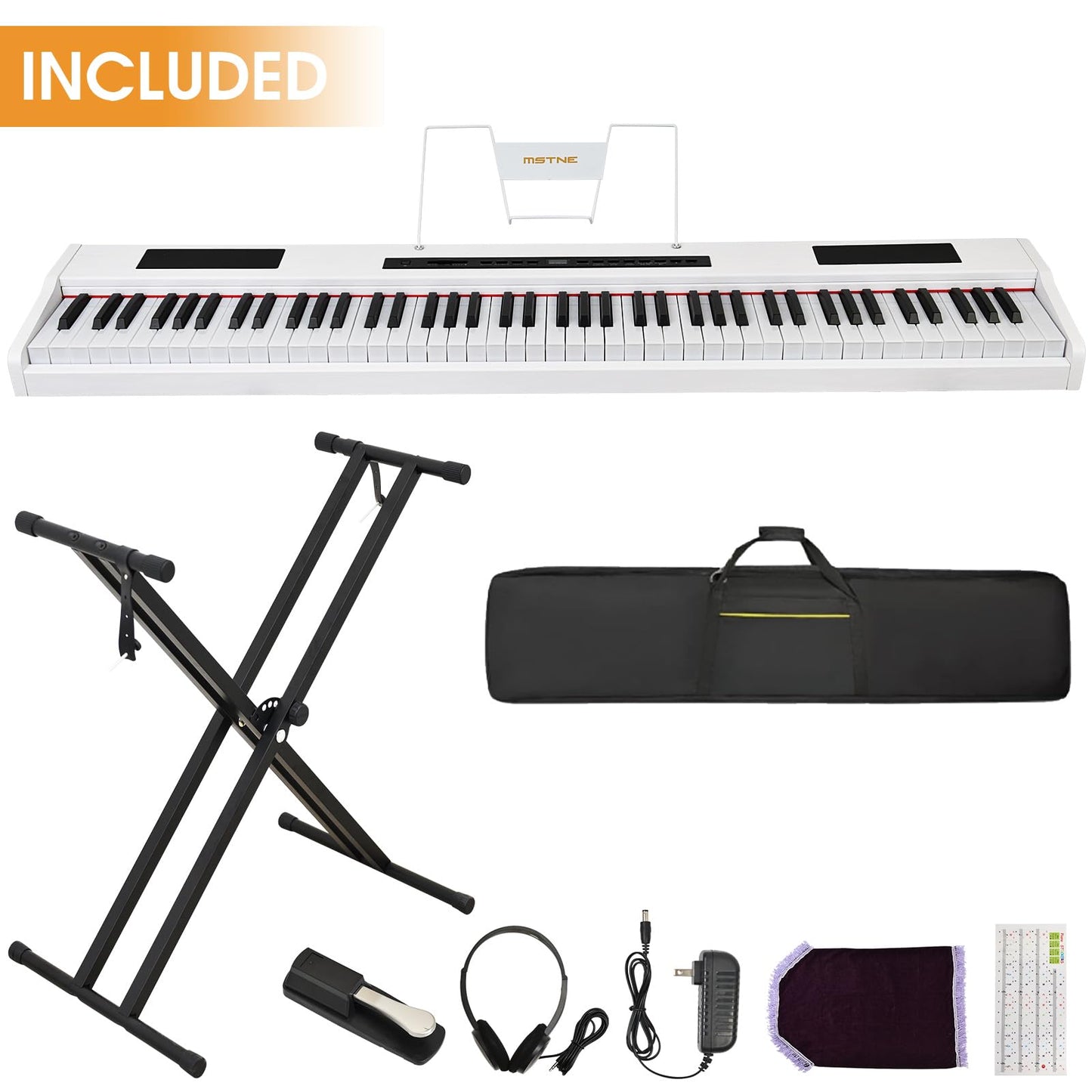 MSTNE Digital Piano 88 Key Semi Weighted Keyboard, Piano Keyboard 88 Key for Beginners with Lighted Up Keys, Portable Electric Piano with Adjustable Stand,Carrying Case,Sustain Pedal,Headphone (White)