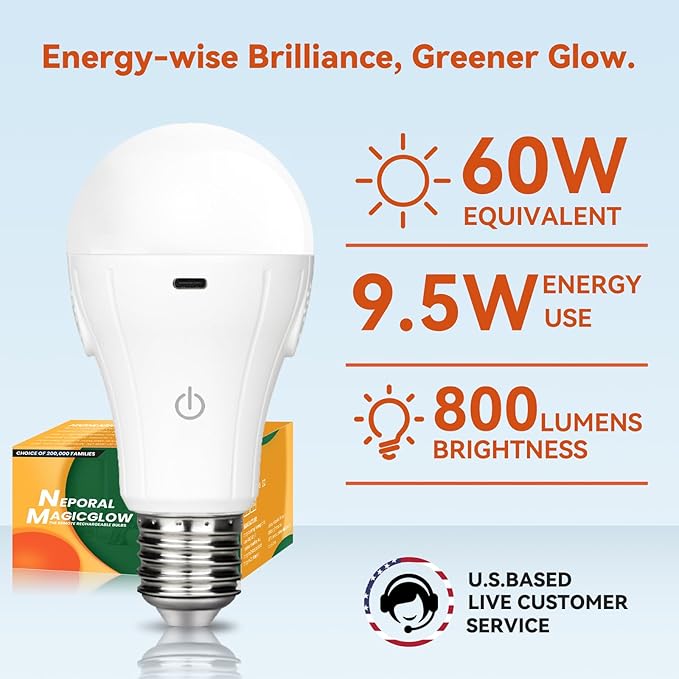 Neporal MagicGlow Rechargeable Light Bulbs with Remote, 3 Colors Shift + Stepless Dimmable Battery Light Bulbs, USB Rechargeable, A19, Up to 24 Hours (3000-6000K, 1, Count)