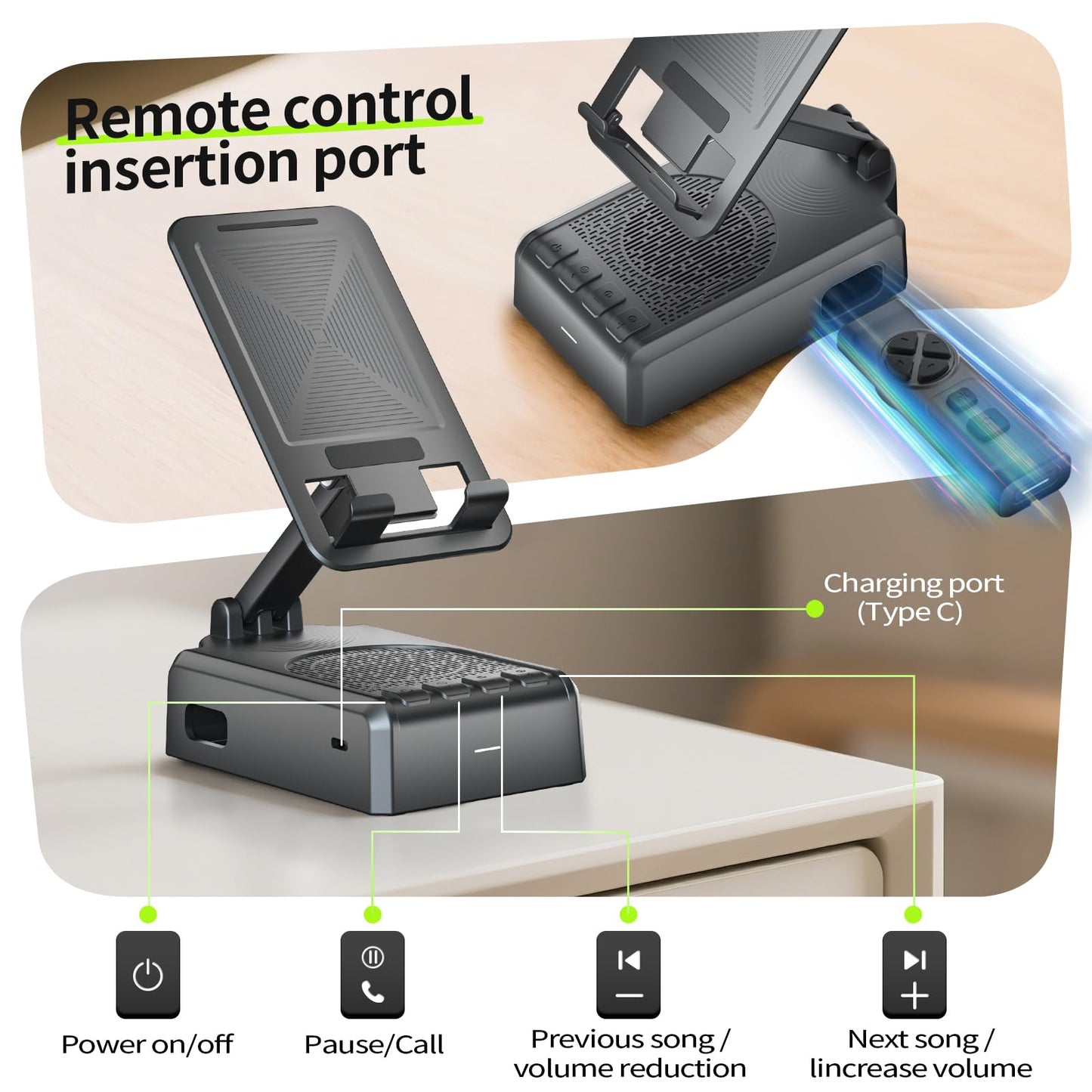 Cell Phone Stand with Bluetooth Speaker and Remote Control(Video Control/Camera Control),Birthday Gift, Portable Bluetooth Speaker for Home and Outdoors, All Day Playtime, Compatible with iOS/Android
