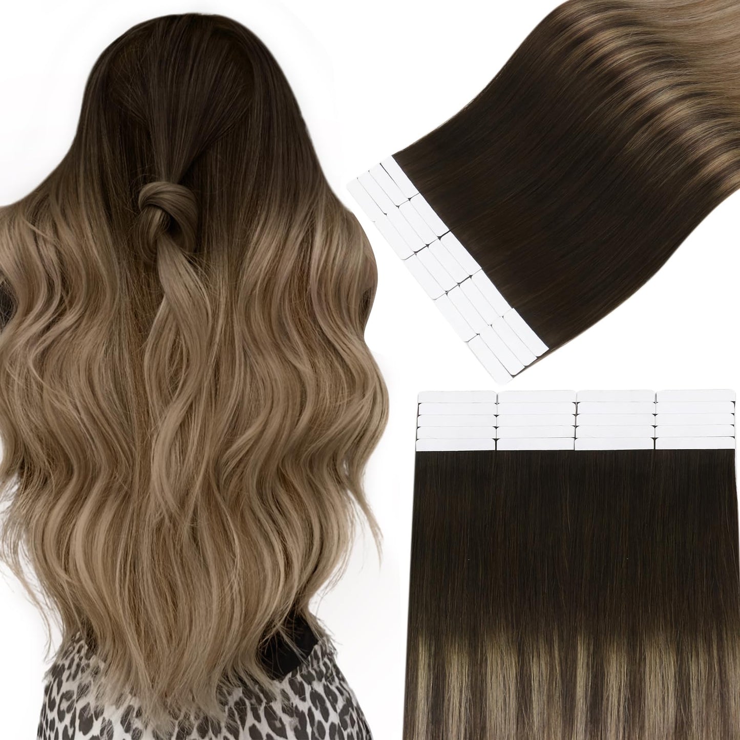 Easyouth Tape in Hair Extensions Ombre Tape in Human Hair Extensions Dark Brown with Medium Brown Ombre Golden Blonde Remy Human