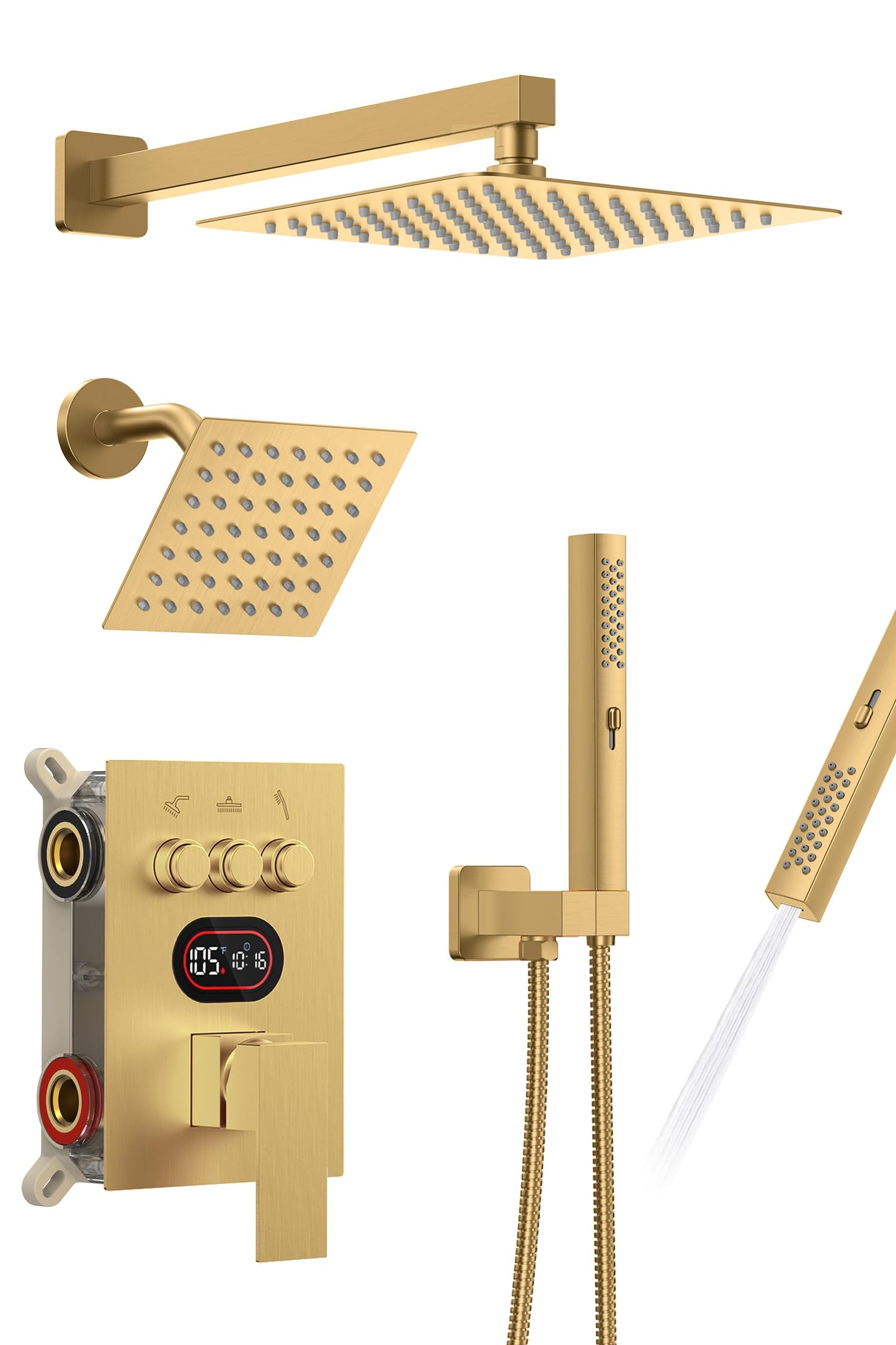 Push Button Diverter Shower Faucet Set Hydro Power Temperature Display, Shower System Wall Mounted 10" & 6" Shower Head with 3-Spary Handheld, Shower Fixtures with Valve and Trim Kit, Brushed Gold