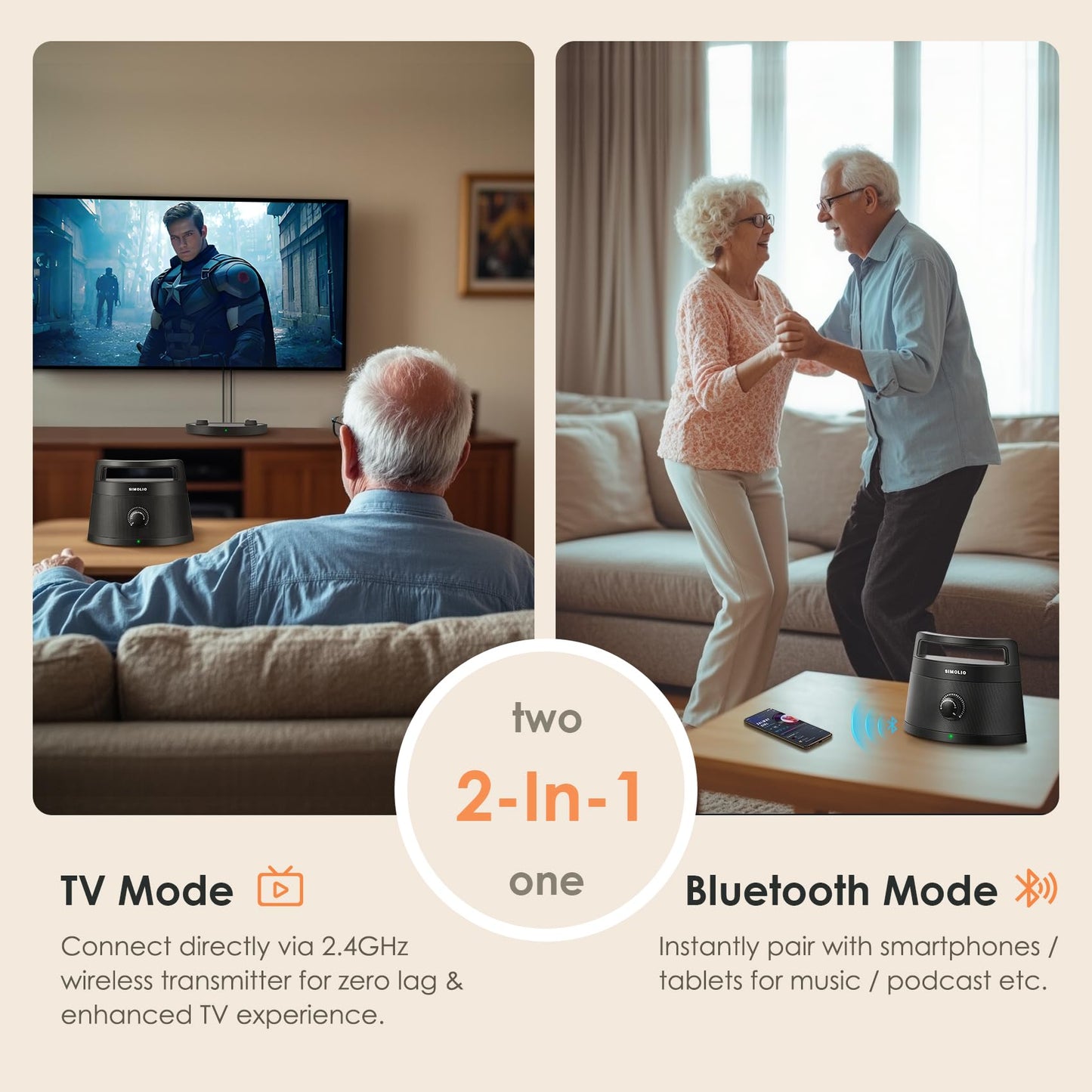SIMOLIO Wireless TV Speakers for Seniors Hard of Hearing, 164ft Long Range, 3 EQ Modes, Voice Clarity Boost, Dual TV/Bluetooth Modes, Portable Rechargeable Speaker for TVs with Wired Headphones