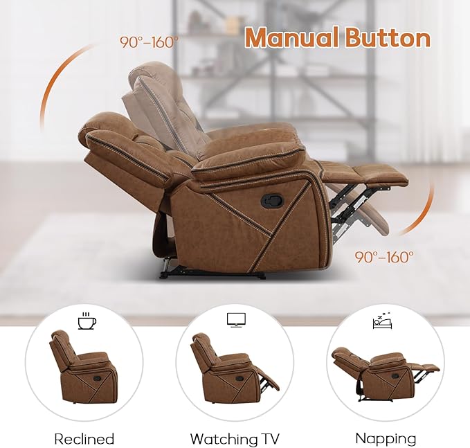 EBELLO Manual Recliner Sofa Set, Faux Leather Reclining Living Room Furniture Set, Included Single Recliner Chair and Manual Loveseat Sofa, Brown