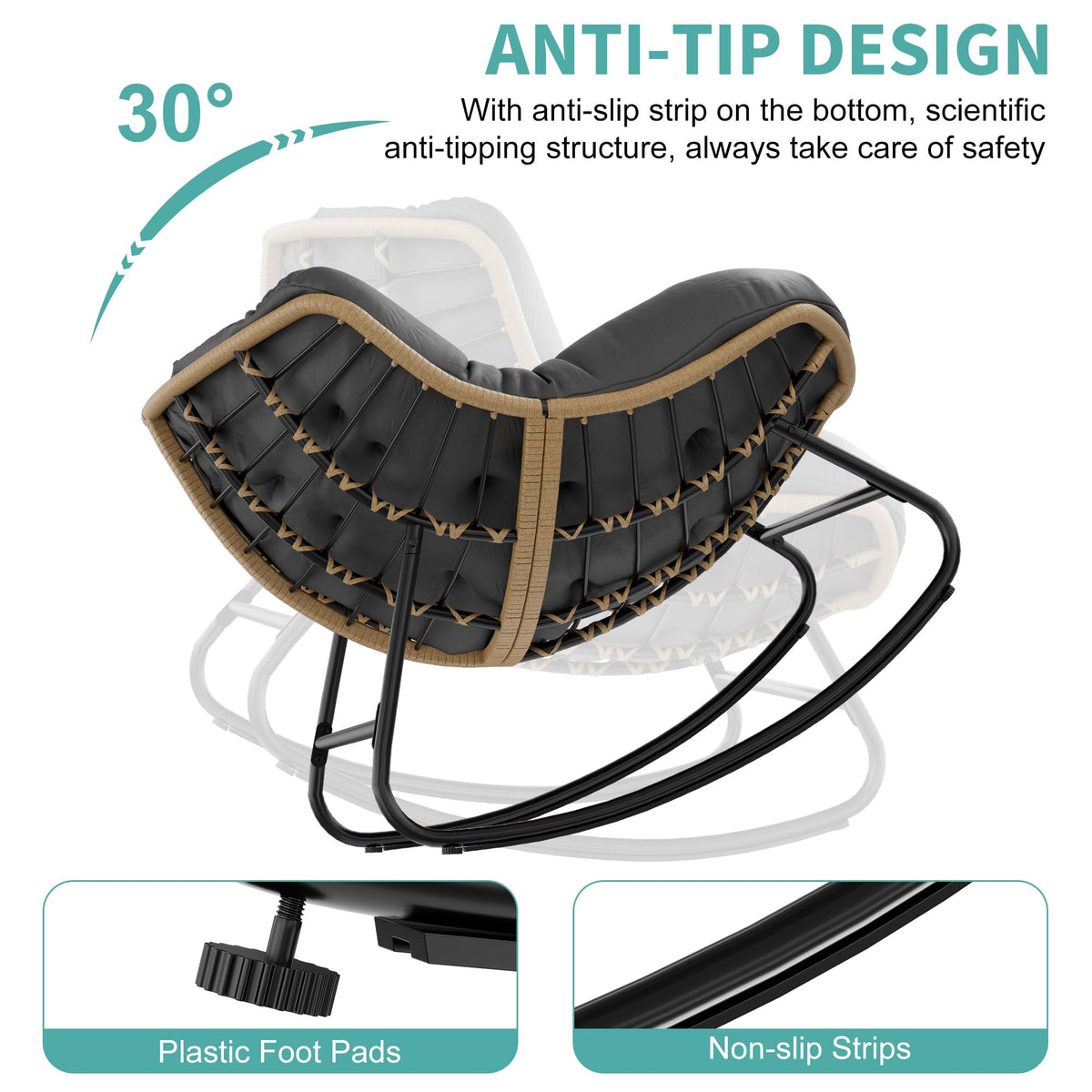 Fancyango Oversized Rocking Chair Outdoor/Indoor - 450lbs Weight Capacity, Wicker Rattan Egg Lounge Chair with Cushion, All-Weather Patio Rocker for Porch, Garden, Balcony, Yellow-Black