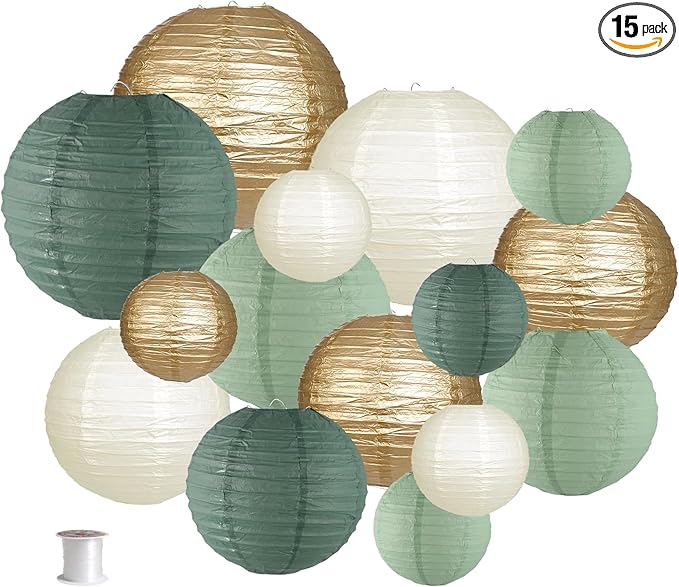 zilue Paper Lanterns Decorative, Round Hanging Paper Lanterns Decorations for Rustic Party Bridal Shower Wedding Sage Gree...