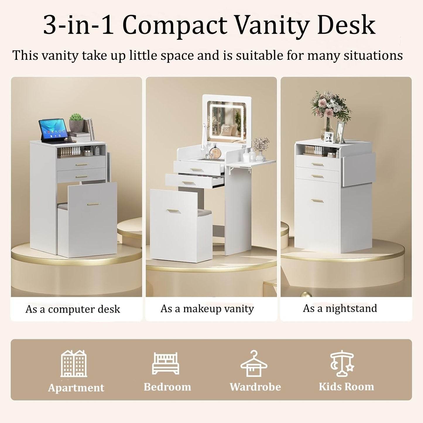 ARTETHYS Small Vanity Desk Set with Flip-top Mirror and Lights White Integrated 3 in 1 Makeup Vanities Set for Compact Space Mini Dressing Table with Fold-up Panel and Storage Chair for Bedroom