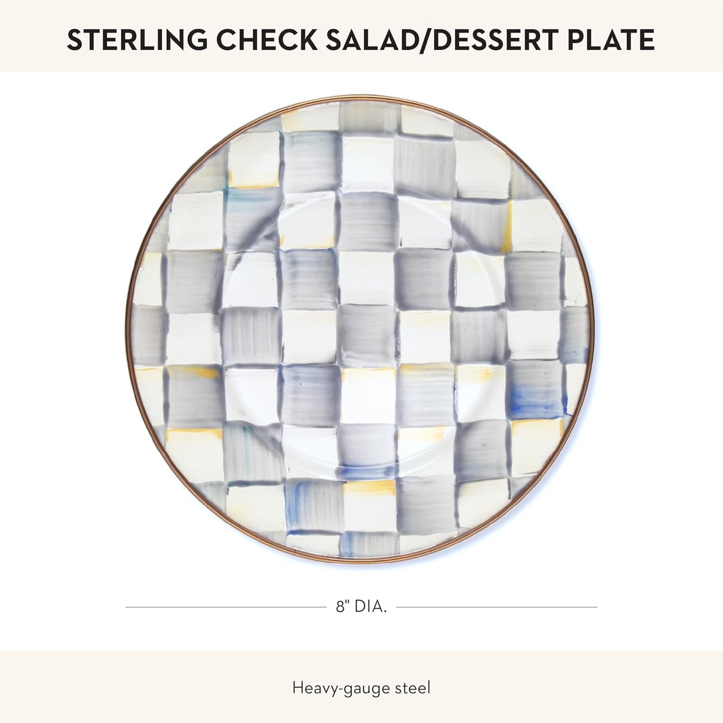 MACKENZIE-CHILDS Enamel Salad and Dessert Plate, Small Plate for a Dessert or Appetizer Dish, 8 Inches, Gray-and-White Sterling Check