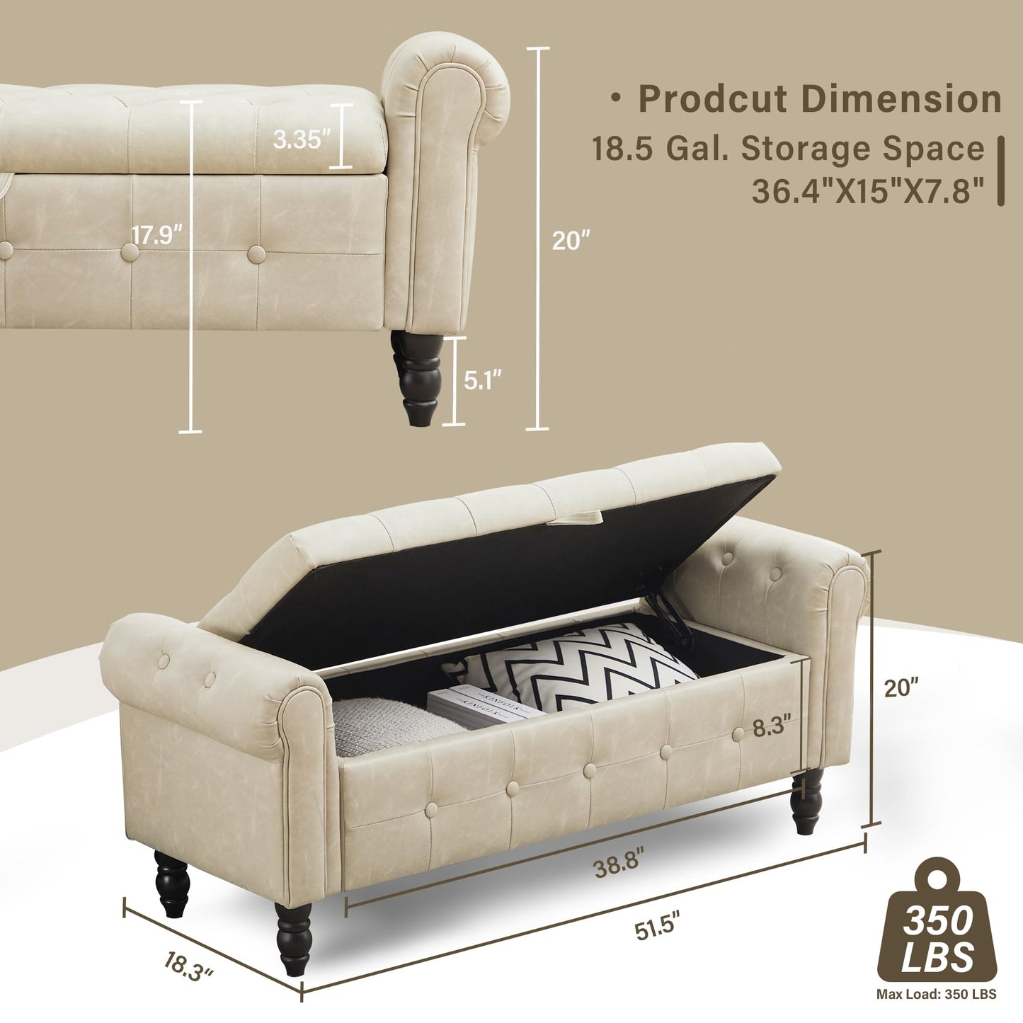 Hicosit 51-Inch Storage Bench with Armrests, End of Bed Ottoman with Storage for Living Room, Bedroom, Faux Leater Off-White