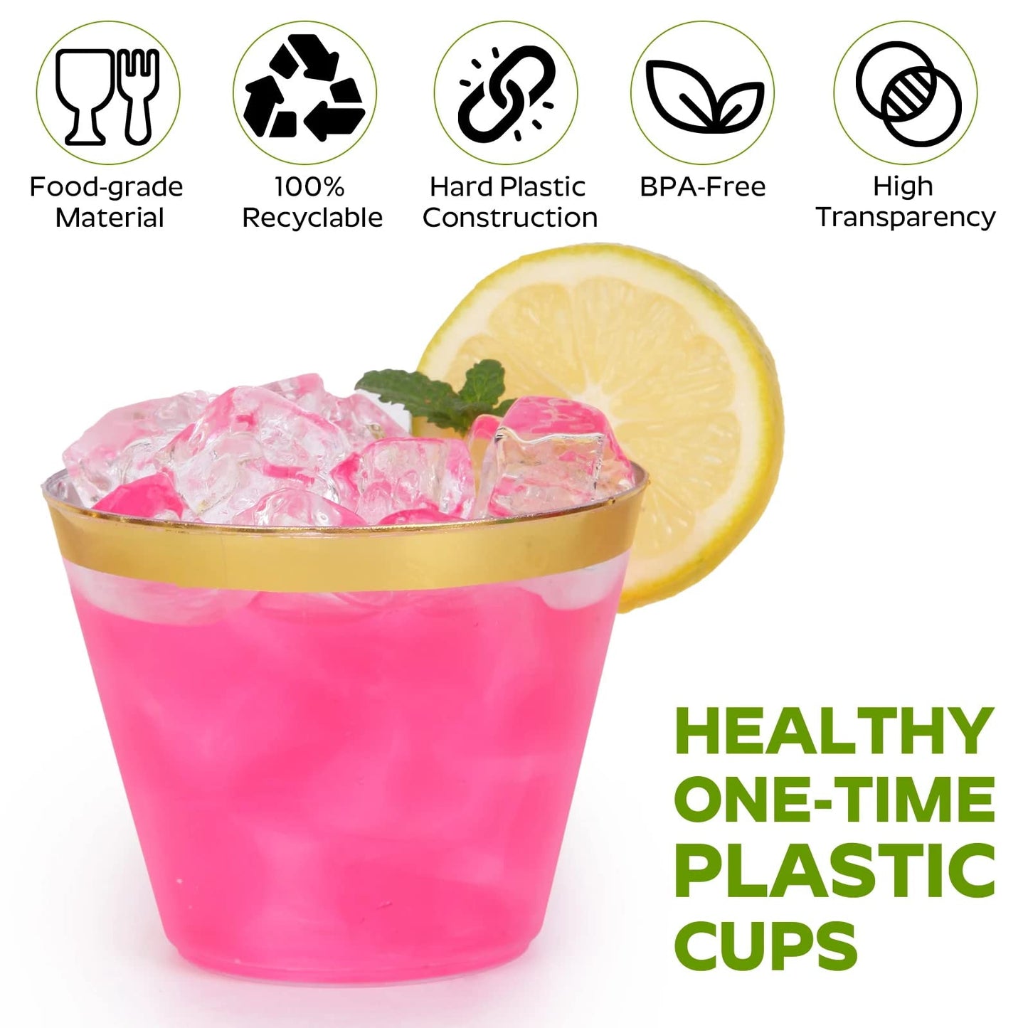 Tobvory 100 Pack Gold Rimmed Plastic Cups - 9 oz Hard Clear Plastic Cups, Premium Disposable Cup For Cocktail And Drinking - Food Grade Party Cups Set - Sturdy Tumbler Cup - Gold Rim