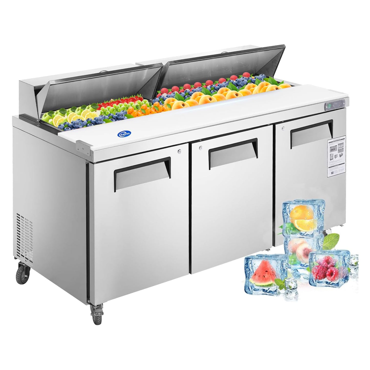 kalifon 72" W 3 Door Refrigerator Sandwich Salad Prep Table Commercial Stainless Steel Fan Cooling Refrigerator with Cutting Board, 3 Shelves & 30 Pans for Restaurant, Bar, Shop-20 Cu.ft