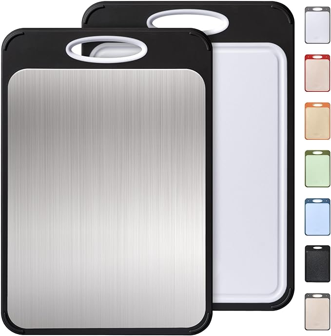 2 in 1 Stainless Steel Cutting Board with Handle Chopping Best Non Toxic Cutting Boards 2 Sided Cutting Boards for Kitchen Butcher Board Best Hardwood Kitchen Counter Organic Vegetable Meat BBQ Kit