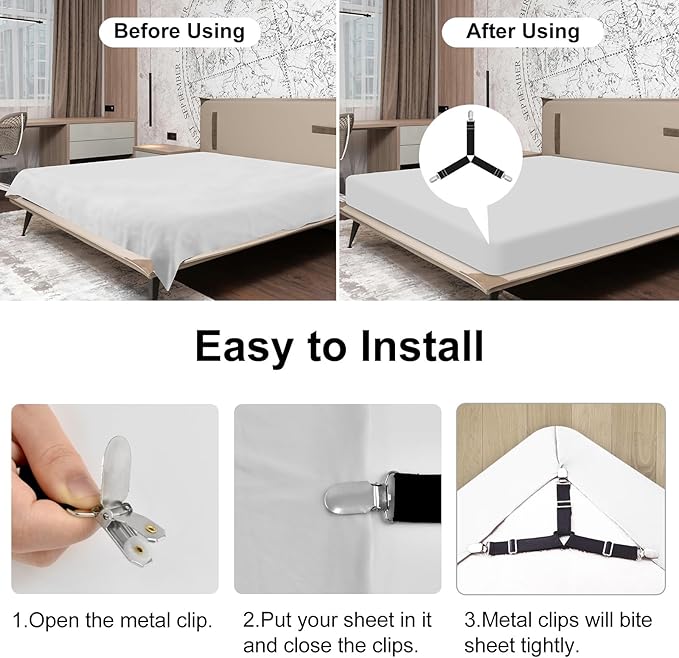Bed Sheet Holder&Bed Sheet Straps 4 Pieces Each Keep Sheets Firm & Tight,Bed Sheet Rack with Lock Strip Easy to Install and Not Easy to Break,Sheet Holders Set Fit All Mattress Sizes(Gray)