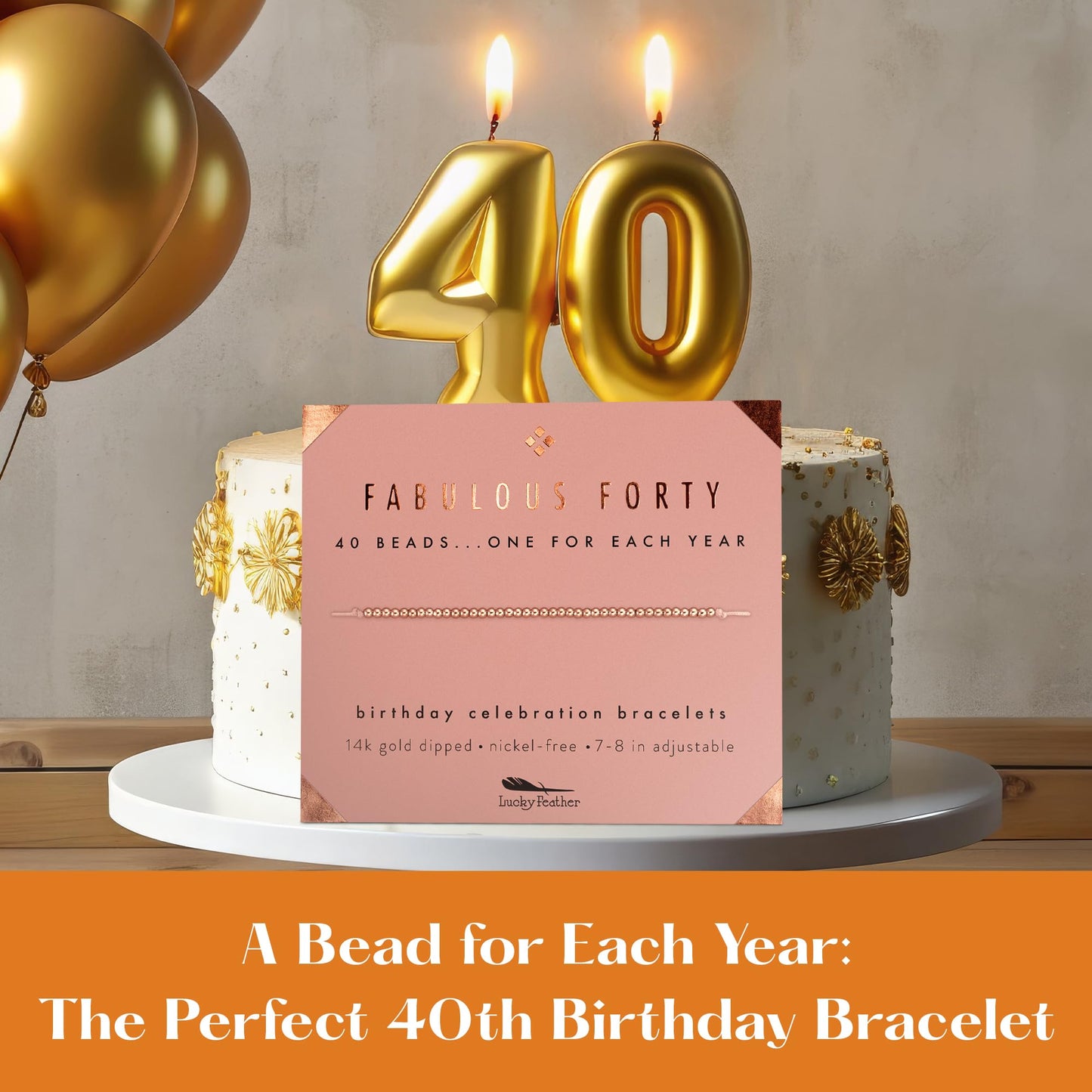 Lucky Feather 40th Birthday Gifts for Women, Sterling Silver Dipped Beads Bracelet on Adjustable 7"- 8" Cord - Perfect 40th Birthday Gift Ideas for Her (silver-plated-base)