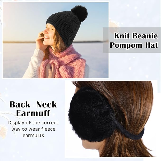 SATINIOR 5 Pcs Winter Hat Scarf Gloves Set Fleece Lined Knit Beanie Hat Warm Touch Screen Gloves Earmuff Warmer for Women(Black,Chic Style)