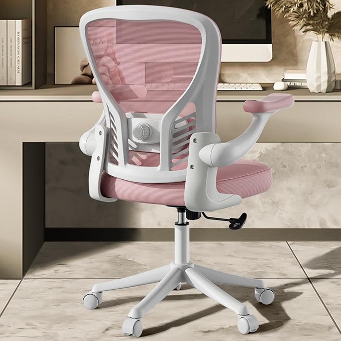 Ollega Computer Desk Chair with Wheels, Mesh Office Chair with Flip Up Arms, Adjustable Lumbar Support, Swivel Desk Chair Comfy, Pink