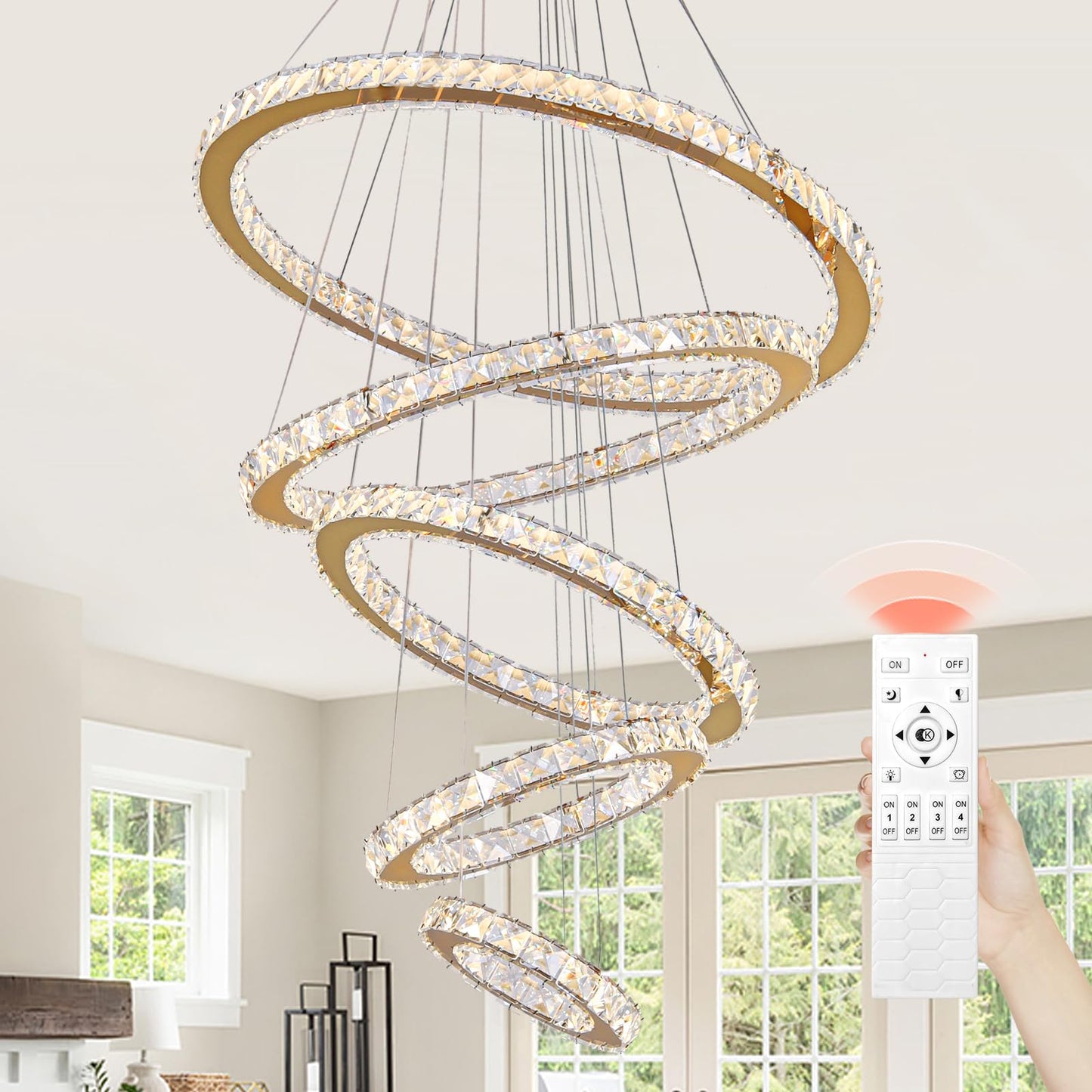 KKMYWAN Modern Crystal Chandelier Dimmable 5 Rings LED Gold Chandelier Linear Chandelier Dining Room Light Fixture with Remote for Entryway, Bedroom,Living Room and Foyer