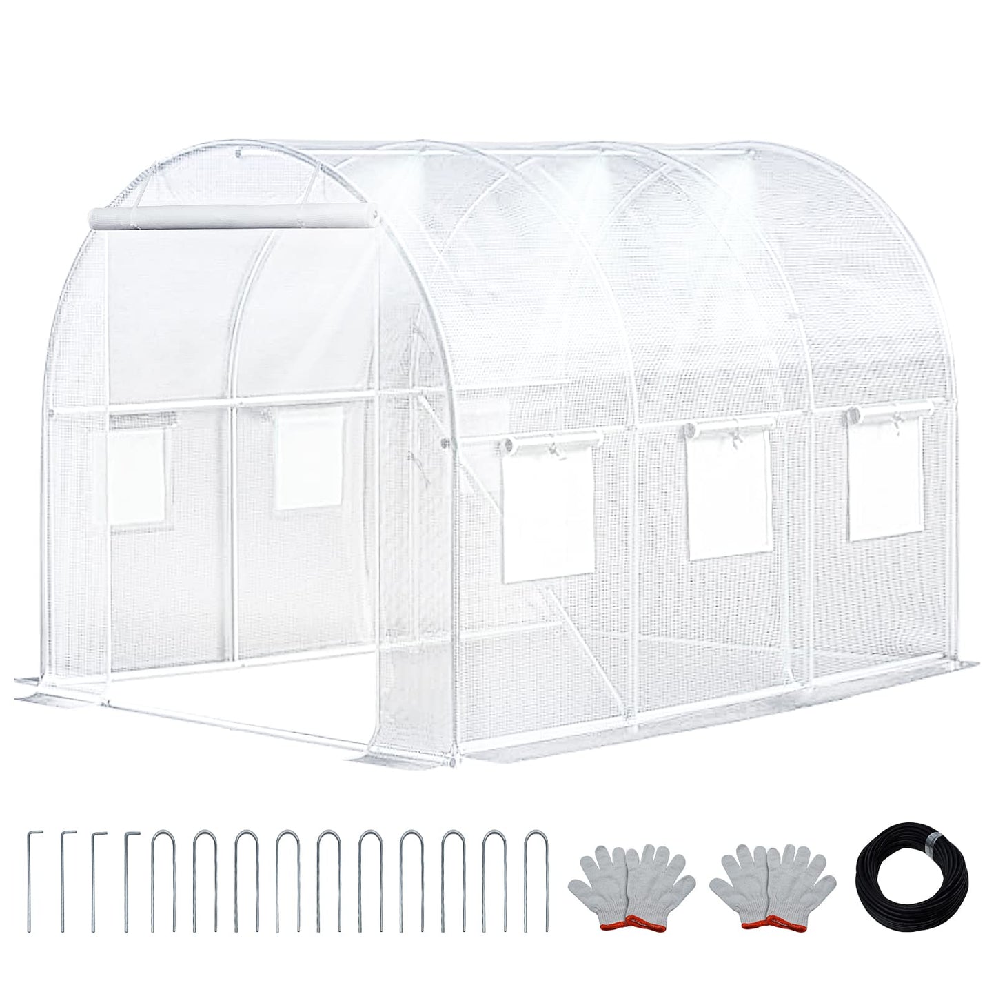 KANAGAWA 10'x7'x 7' Walk-in Tunnel Greenhouse with Watering System Heavy Duty Portable Green House Protect Gardening Plants 1 Zipper Mesh Door, 6 Roll-up Windows, Thickened galvanised Steel,White