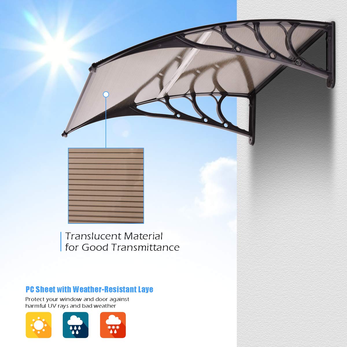 MATICO 58.5" Outdoor Clear Door Awning Patio Window Cover Polycarbonate Rain & Snow Protection, Modern Hollow Sheet with UV Protection Cover, Window Door Awning Canopy,Tea/Black-Edge