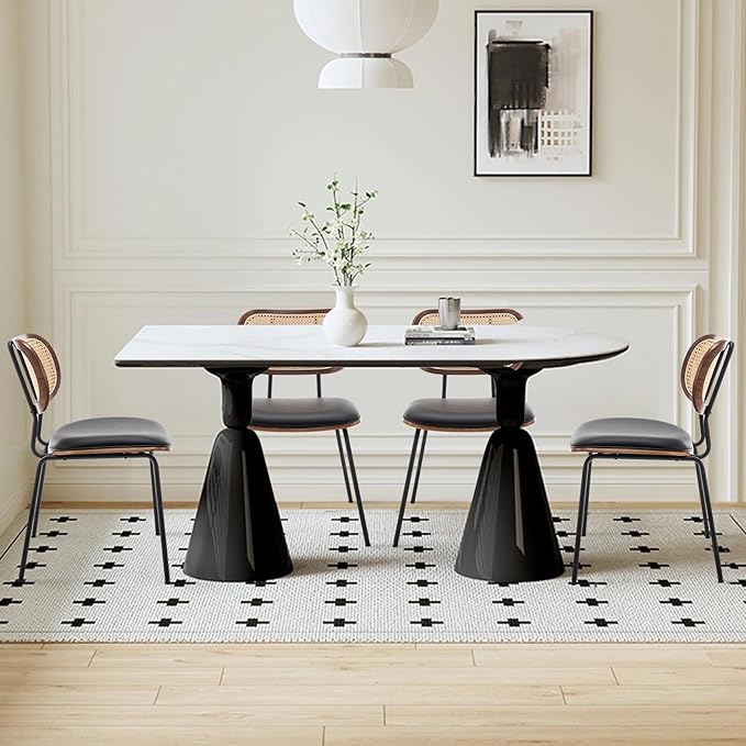 HOCEWI Rattan Dining Chairs Set of 4, Mid Century Modern Dining Chairs with Cane Back for Kitchen Dining Room, 19 Inch Faux Leather Black