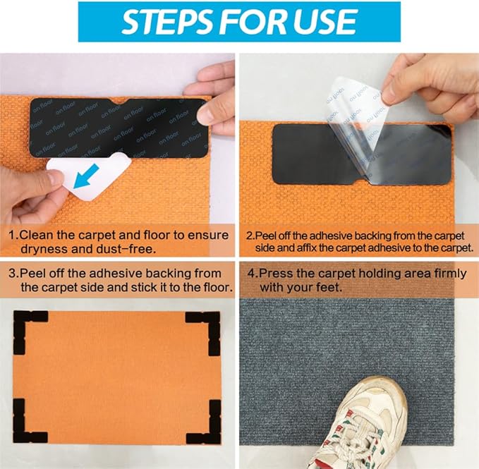 Rug Gripper for Hardwood Floors: 24 PCS No Damage Rug Tape - Anti Slip Rug Grips for Area Rugs – Secure Carpet Tape for Wood Floors, Safe & Strong Hold