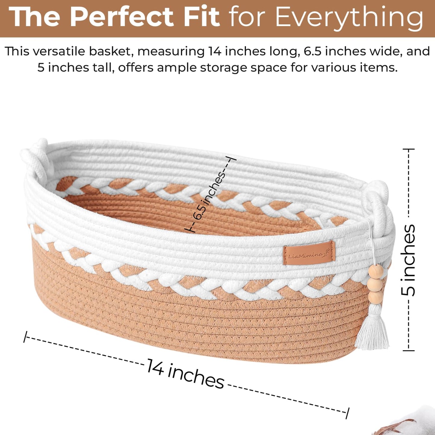 Spacious Toilet Paper Basket - 14" x 6.5" x 5" Tank Topper w/Removable Tassel - Braided Knot Handles