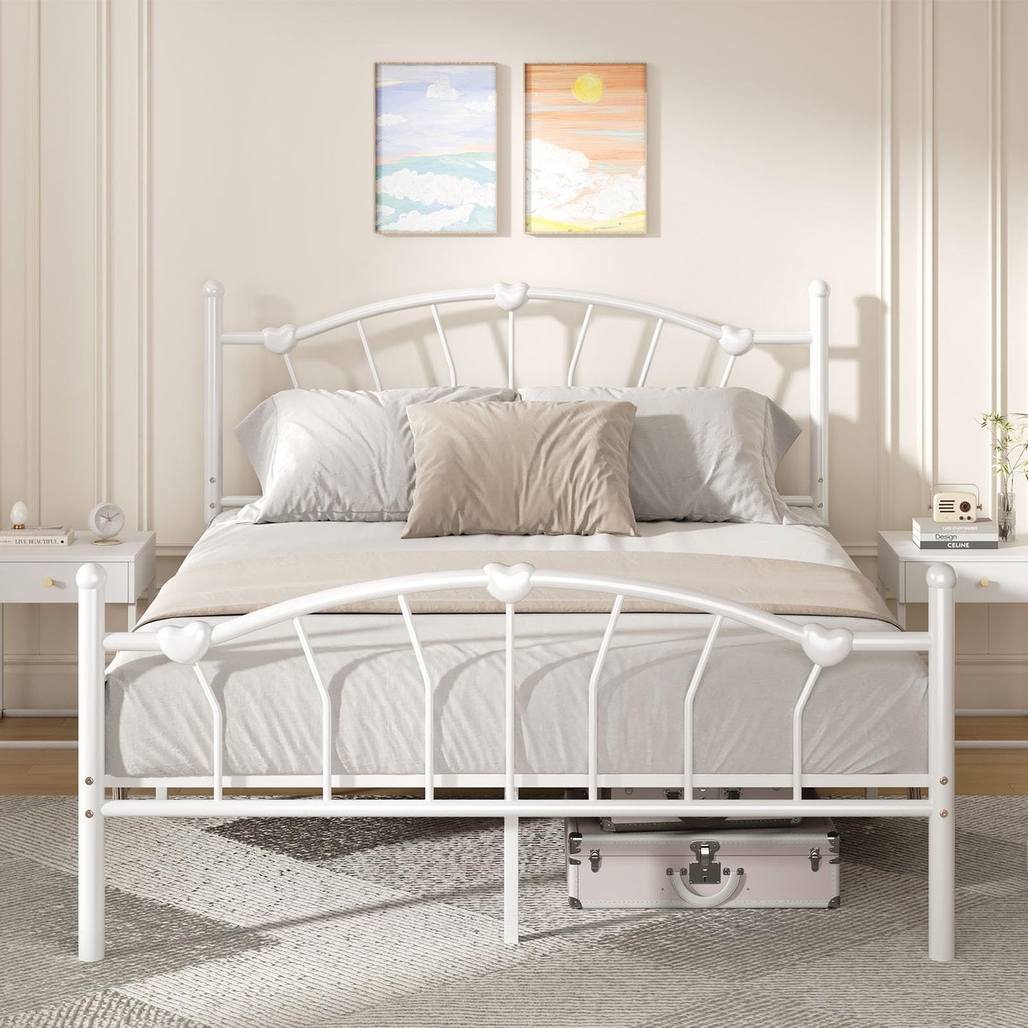 Metal Bed Frame Full Size, Full Bed Frame with Headboard, Heart-Shaped Decorative Headboard and Footboard, Heavy Duty Metal Slat Support, No Box Spring Needed, Noise-Free, Easy Assembly, White
