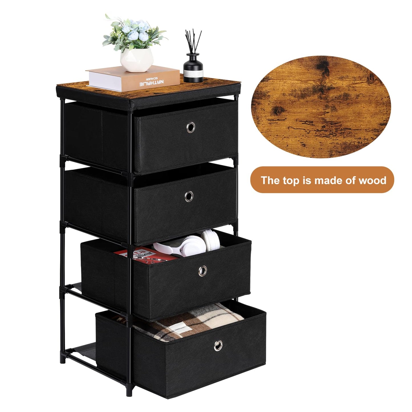 MOOACE Fabric Storage Dresser with 4 Drawers, Small Chest of Drawers Clothes Organizer and Storage Tower for Bedroom, Fabric Storage Bin Organizer, Black