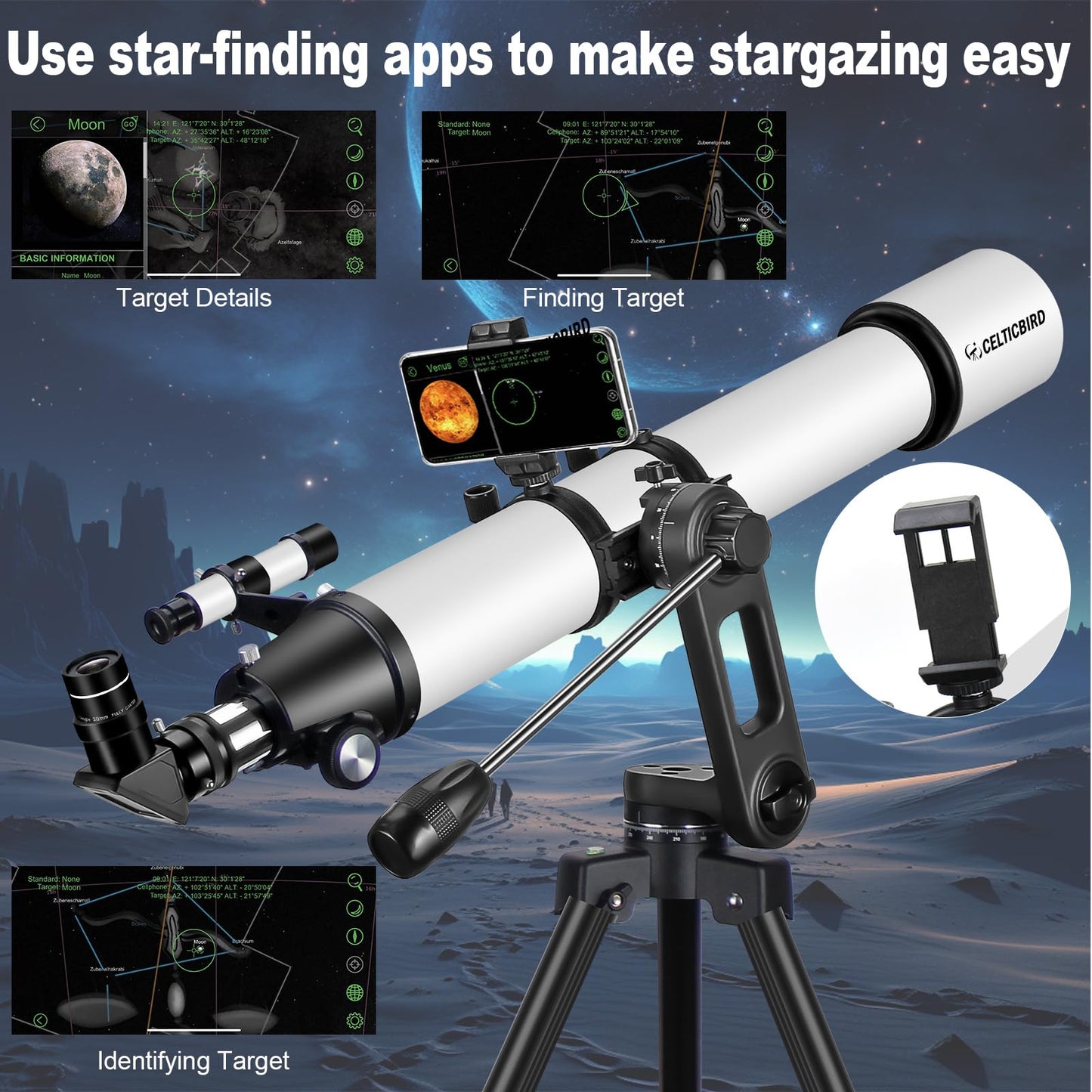 90mm Aperture 800mm Refractor Telescope for Adults High Powered Telescopes for Astronomy Beginners – Professional AZ Mount Tripod, HD Optics, Phone Adapter