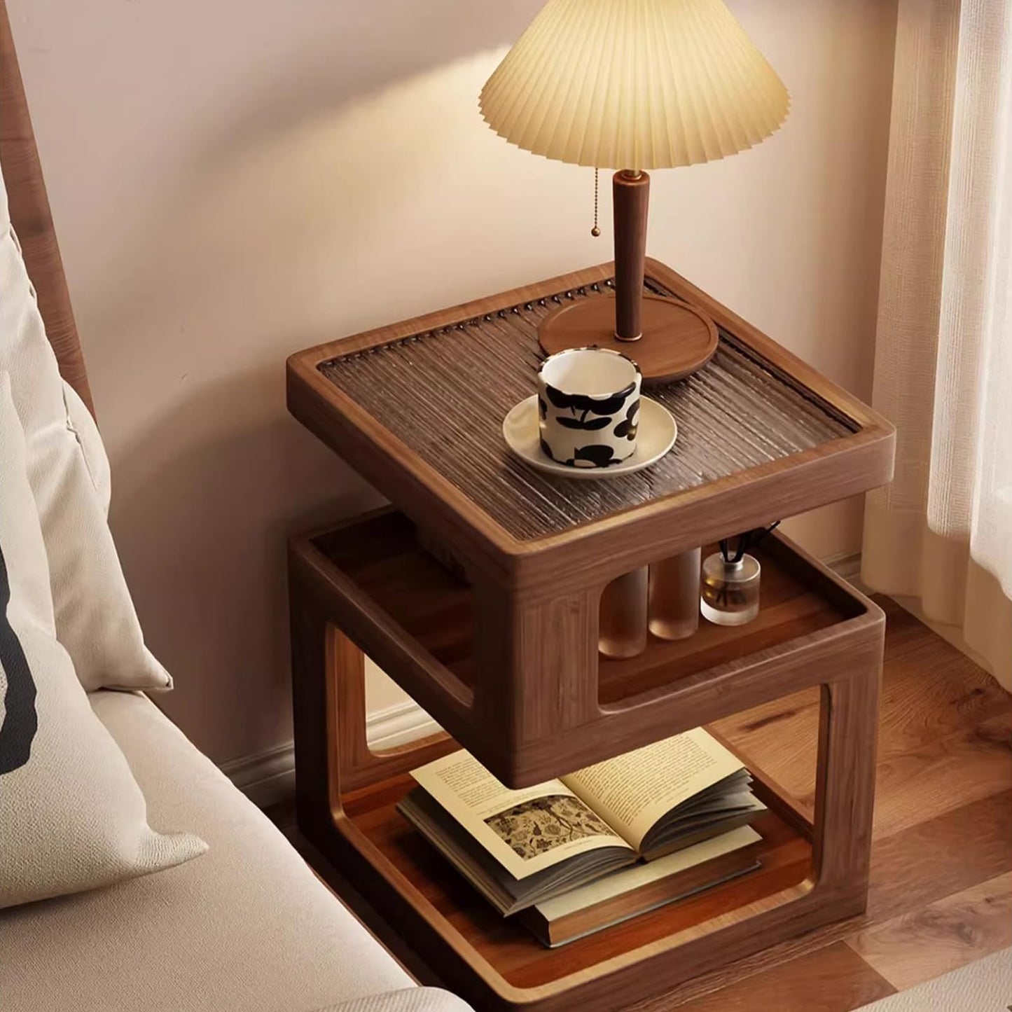 Nightstand 3-Tier Storage, End Side Table with Tempered Glass Desktop, Modern Solid Wood Bedside Table for Bedroom, Walnut