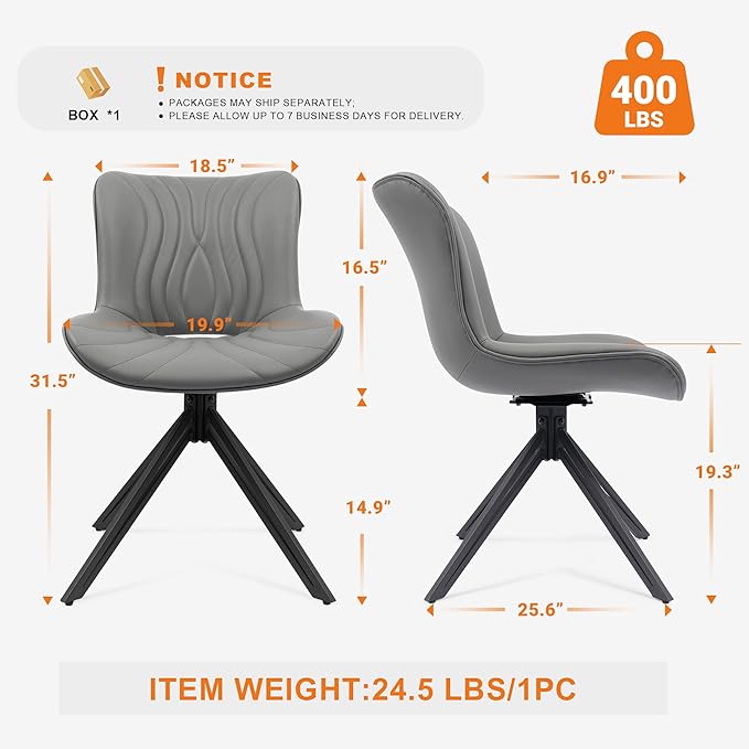 VATROS Dining Chairs Set of 2, 360° Swivel Upholstered Mid-Century Modern Kitchen Dining Room Chairs, Armless Faux Leather Accent Side Chair with Padded Back, Metal Legs for Living Room Bedrooms,Grey