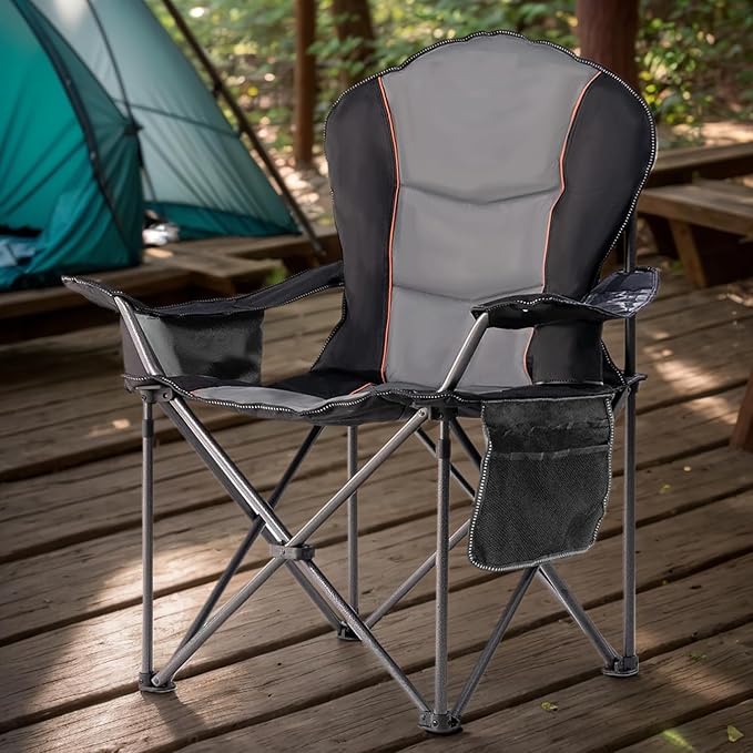 Foristrail Camping Chair Oversized Folding Outdoor Camping Chair with Cooler Bag, Cup Holder & Waterproof Phone Case, Portable for Hiking/Beach,500LB (Black & Light Gray)