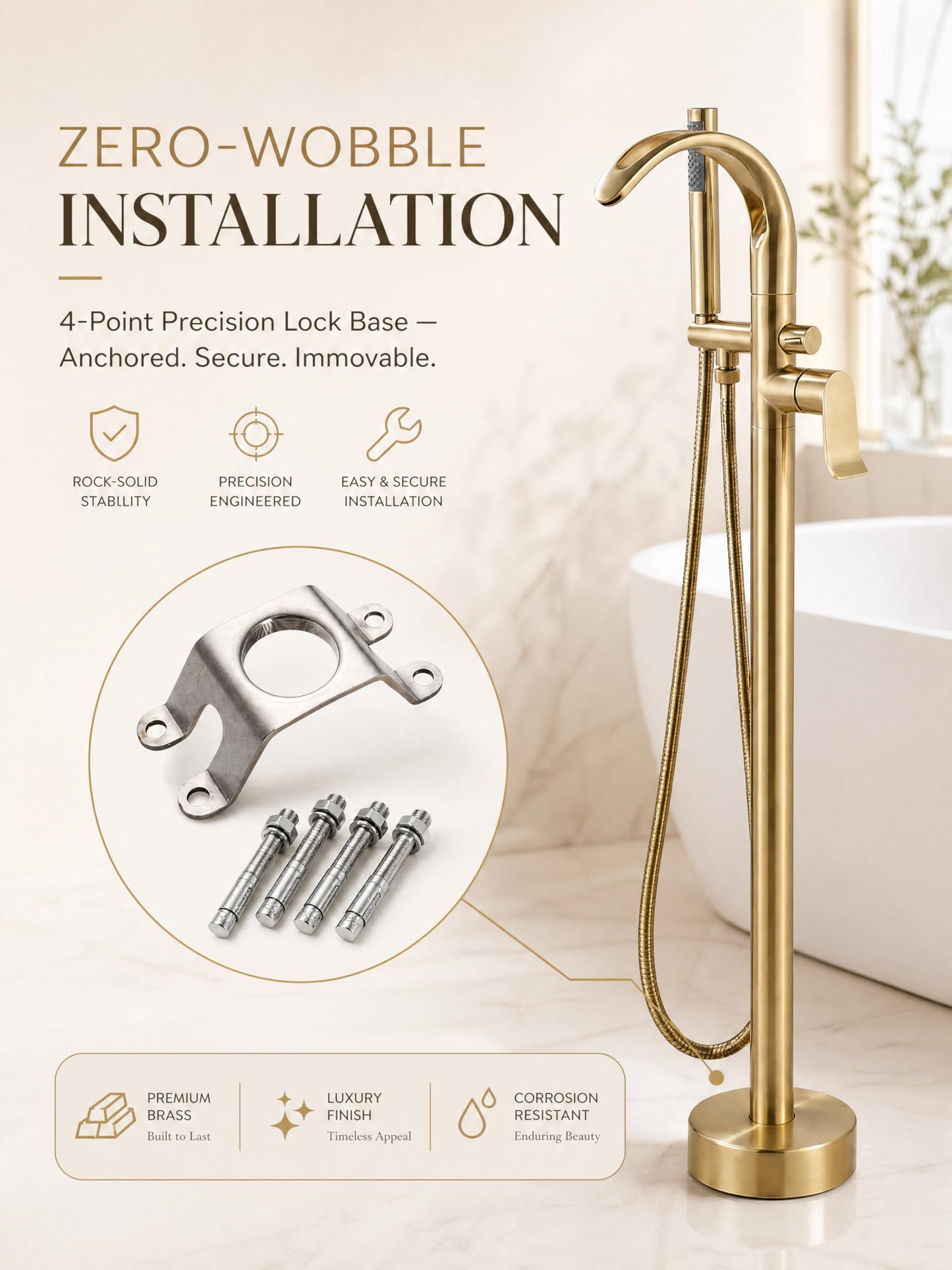 GOODBEING Freestanding Bathtub Faucet Stand Alone High Flow Brass Brush Gold Tub Filler, Free Standing Unique Bath Tub Faucet with Sprayer, Tub Shower Faucet Set (BG-Waterfall)