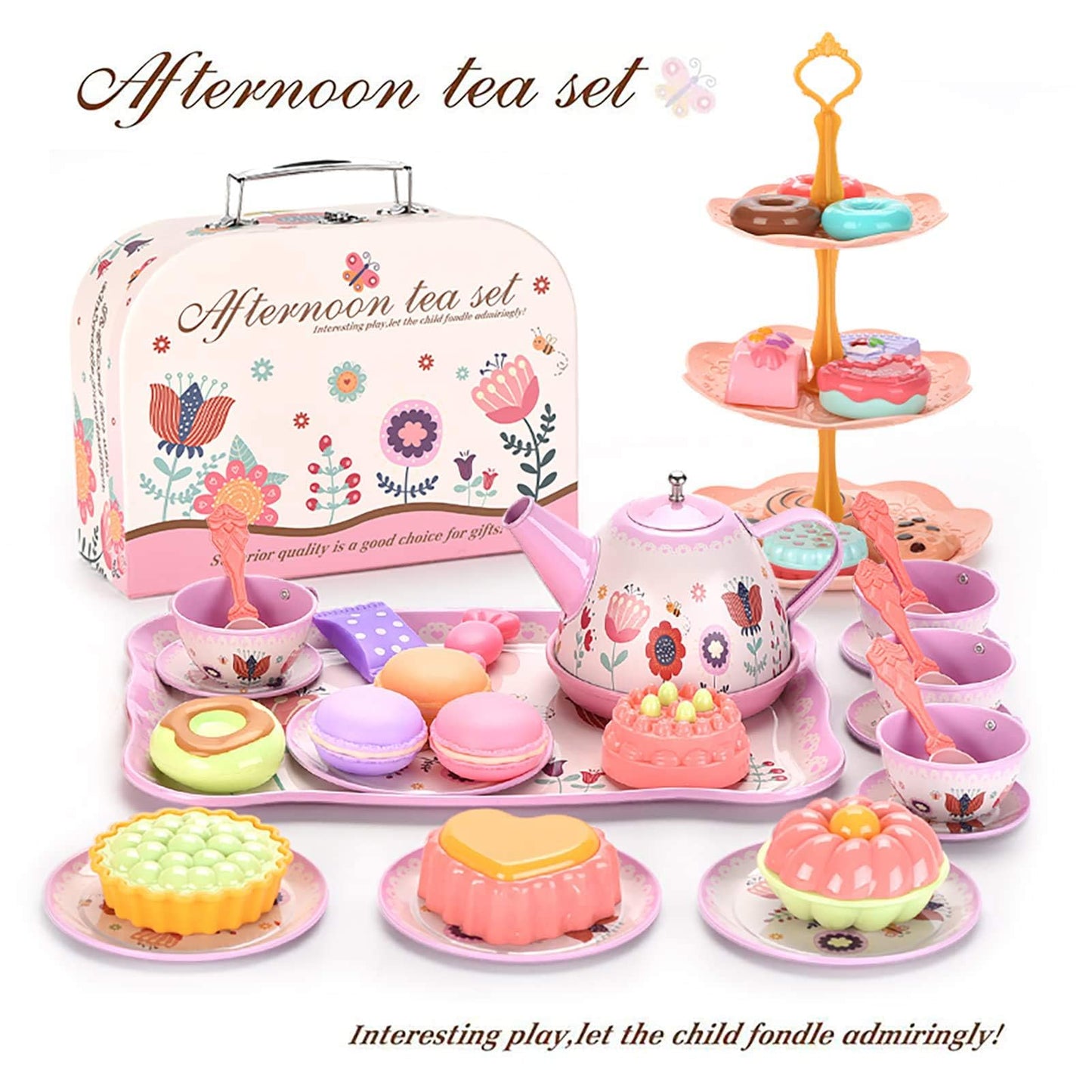 Lajeje Tea Party Set for Toddlers & Little Girls Ages 3-6 – Princess Pretend Play Kitchen Toy with Tin Tea Set, Desserts & Carrying Case