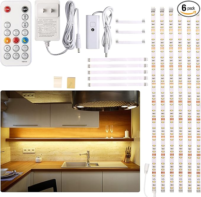 WOBANE Under Cabinet LED Lighting Kit, 6 PCS Dimmable LED Strip Lights with Remote Control Dimmer, 24W Adapter, Hidden 270...