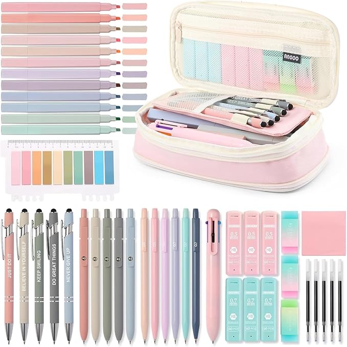 56 PCS Aesthetic School Supplies with Large Pencil Case, 5 Inspirational Ballpoint Pens, 12 Pastel Highlighters, 5 Black I...
