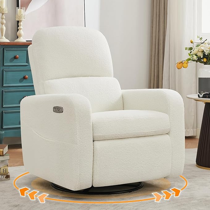 AEMEIOS Power Swivel Rocker Recliner, Oversized Boucle Nursery Glider Recliner, Swivel Rocking Reclining Chair with Removable Cushion and Lumbar Support for Nursery Living Room Bedroom, Teddy White