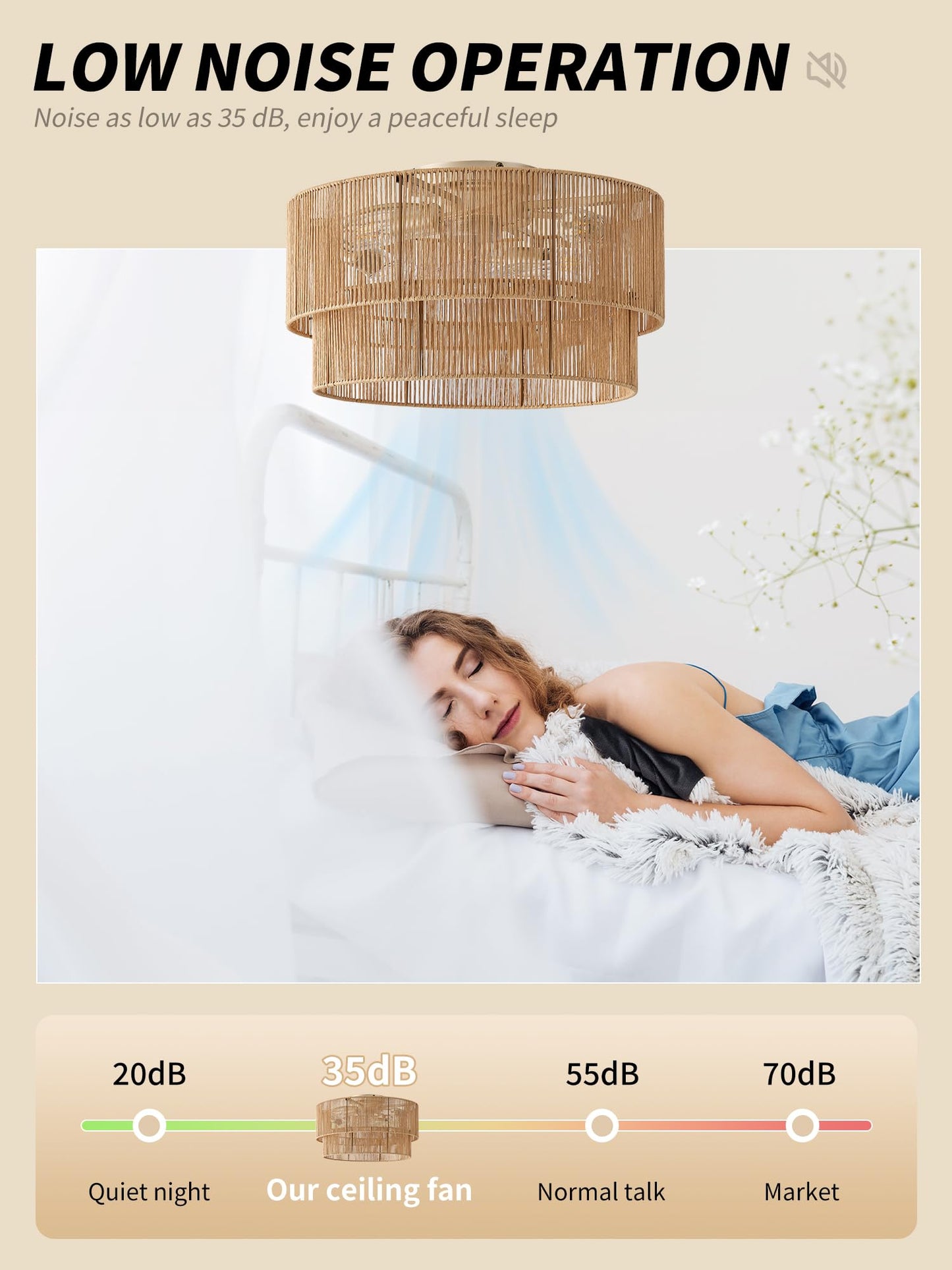 Sydacg Flush Mount Ceiling Fan With Lights Low Profile, 20 Rattan Boho Ceiling Fan With Light Remote Control, Bladeless Caged Wi