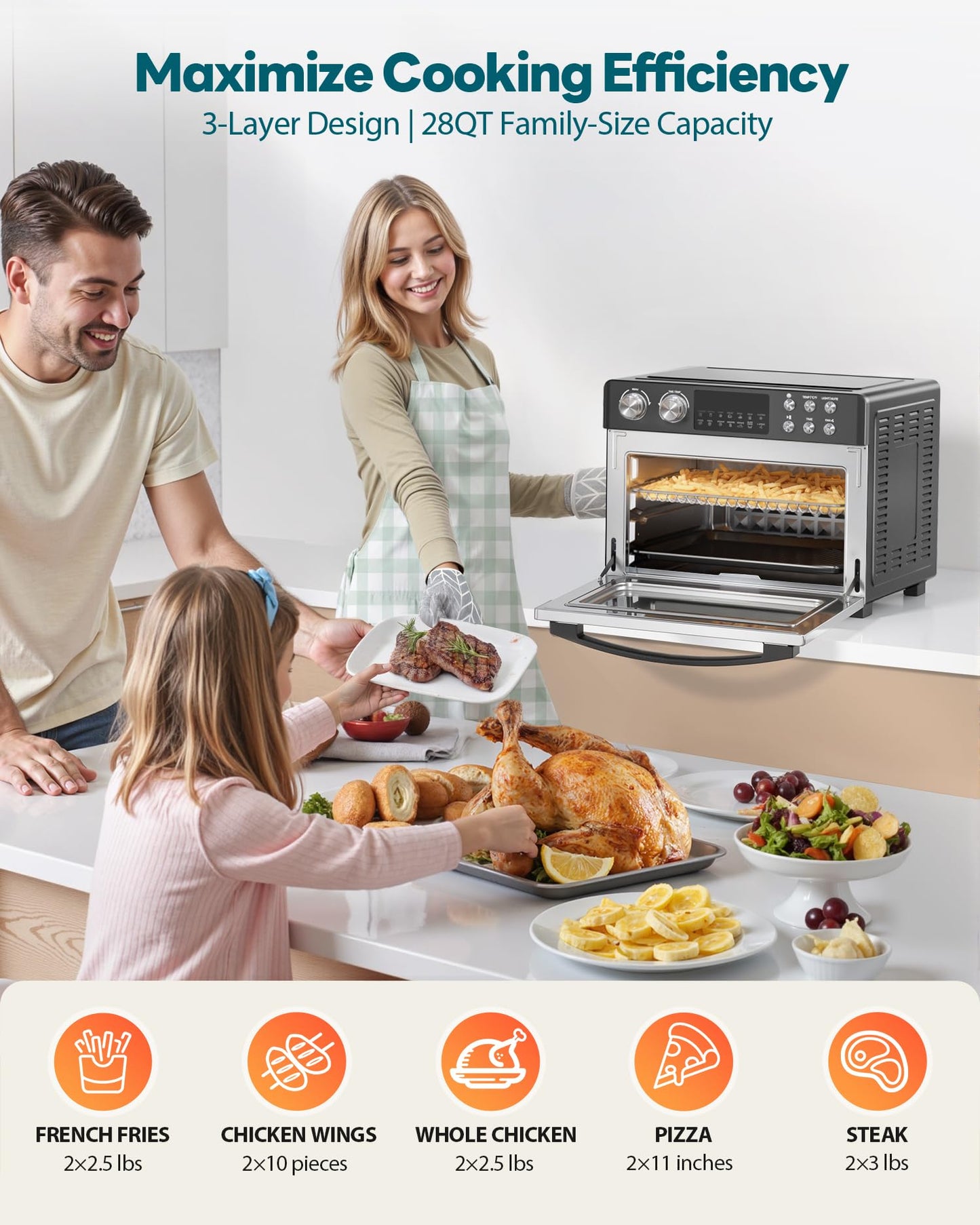28QT Air Fryer Toaster Oven Combo, Large 12-in-1 Convection Countertop Oven with Next-Gen HeatWave Convection, 3-Layer Cooking, Rotisserie for Chicken, Fits 11" Pizza, Full Accessories, Glitter Black