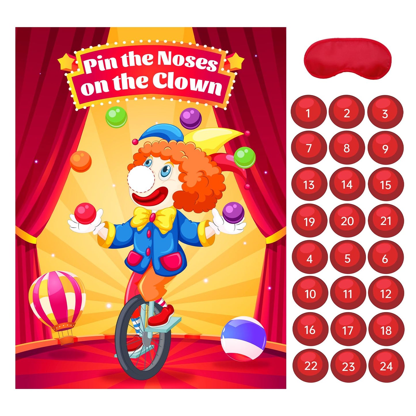 Circus Carnival Party Decorations - Pin The Noses on The Clown Birthday Games Yellow Clown Theme Poster with 24pcs Stickers and 1 Blindfold