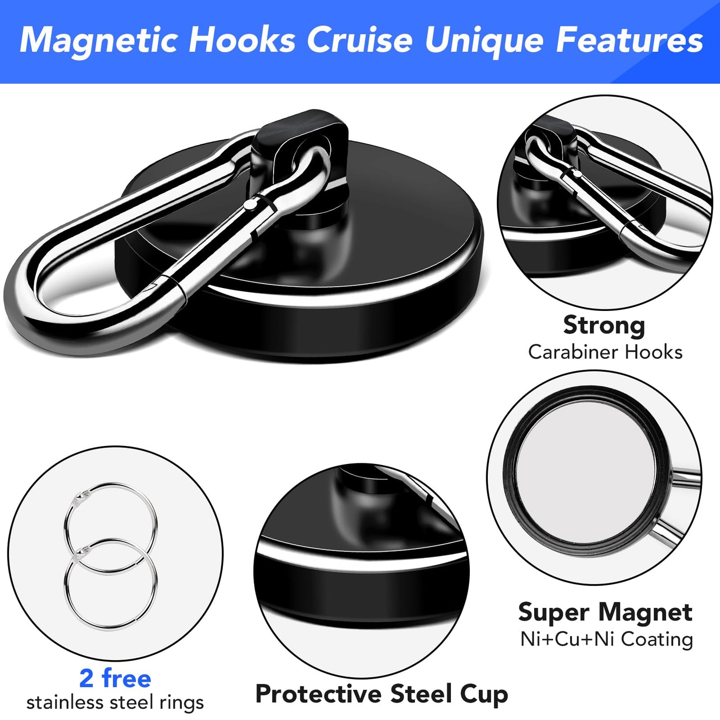 LOVIMAG Strong Magnets with Hooks, 200LBS+ Heavy Duty Magnets with Epoxy Coating for Cruise, Magnetic Hooks with Swivel Carabiner Hook, Powerful Neodymium Magnet for Hanging, Kitchen,Garage-2 Pcs