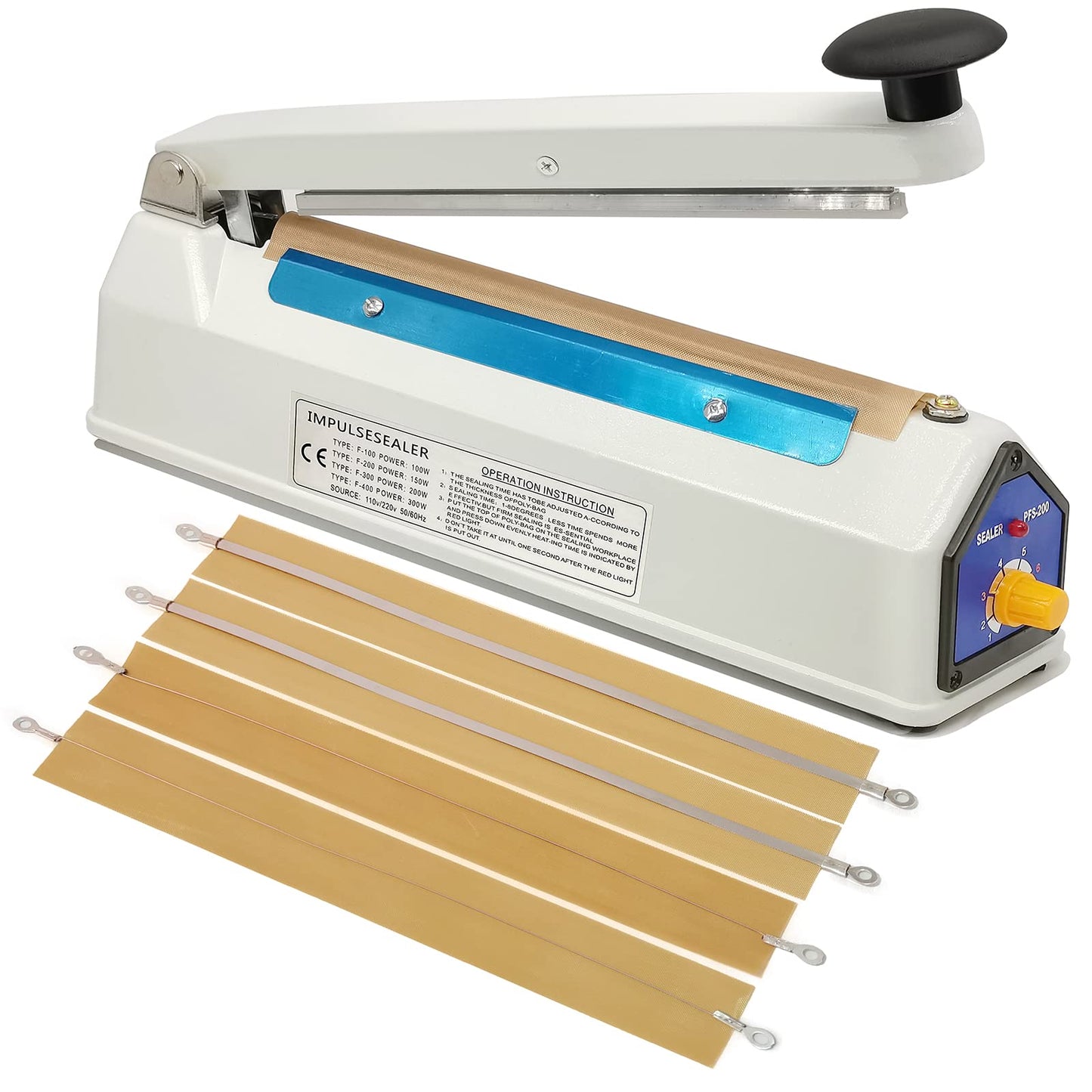 Impulse Sealer 8 Inch 5mm Sealing Heat Sealer for Plastic Bags, Iron Metal Shell, Mylar Bag Sealer, Manual Poly Plastic Bag Hot Seal Machine, 4 Repair Kit(2 Cutting Lines Included)