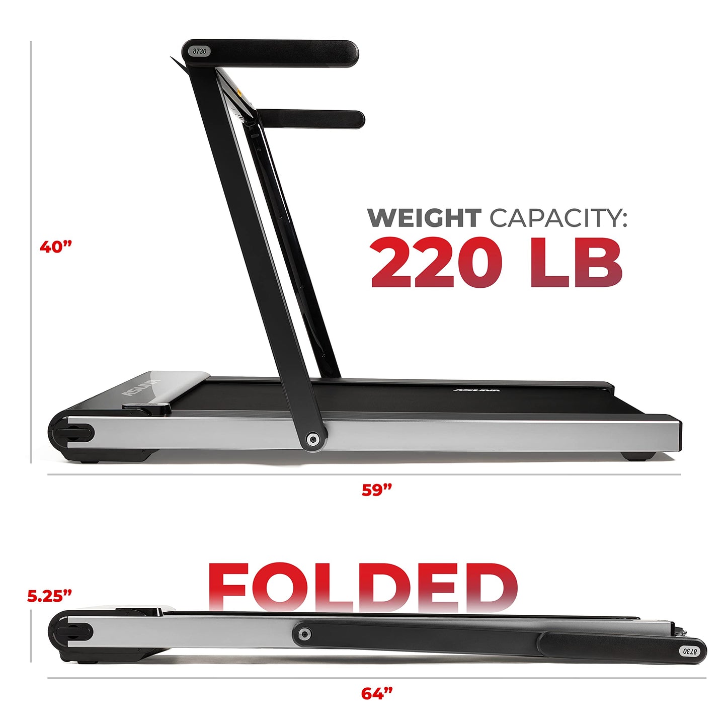 Sunny Health & Fitness Slim Foldable Treadmill Fully Assembled, 17.7" x 49" Non-Slip Running Surface, 2.5 HP Motor, Speeds up to 8 MPH, Shock-Absorption, Device Holder, Digital Monitor, & Easy Storage