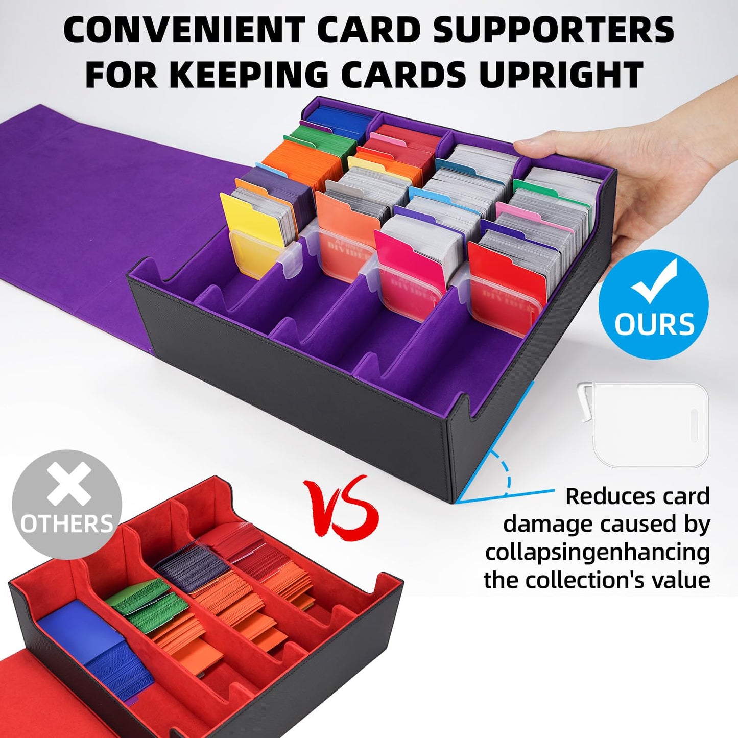 AFIING 4-Row [3200+] Trading Card Storage Box,card Organizer Holder With 4 suppoters & 48 Dividers, Case Fit for Mtg Tcg Magic Commander Deck Playing Cards, Deck Box for Baseball Sport cards Purple