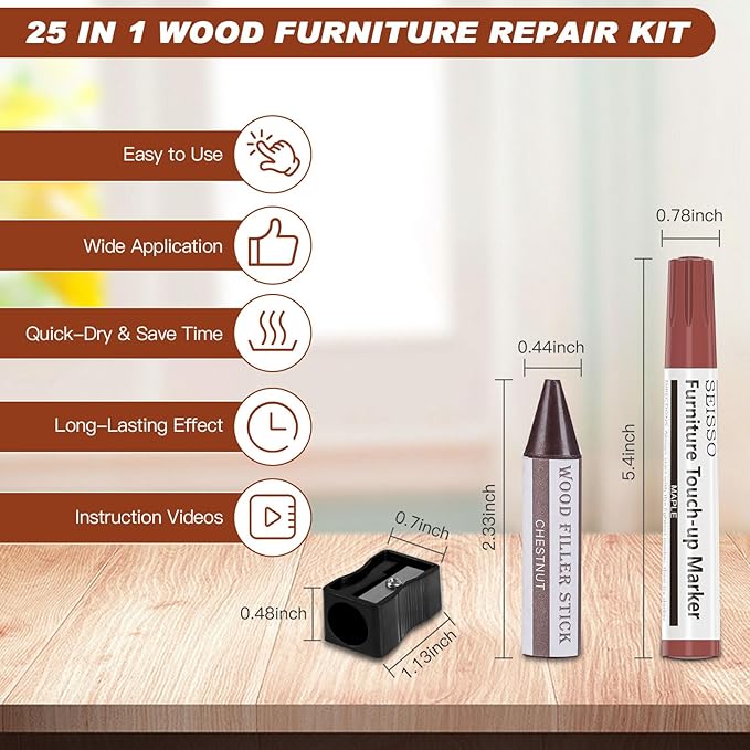SEISSO Furniture Markers Touch Up, 25 Pcs Wood Furniture Repair Kits, Wood Markers and Wax Sticks with Wax Oil for Scratches Stains Cover-Ups Hardwood Wooden Floors Tables Cabinet Bedposts