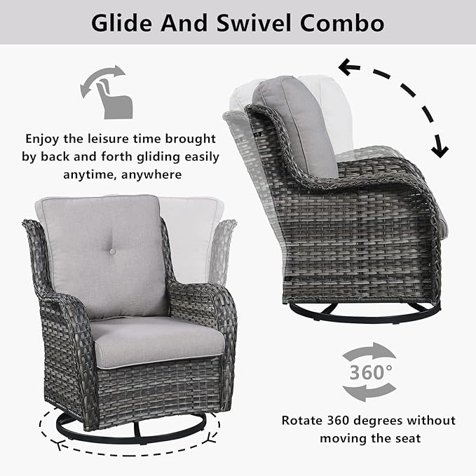 Belord Wicker Outdoor Furniture Patio Furniture Set - 6 Piece Patio Conversation Set with Swivel Rocker Chairs, Loveseat Sofa, Ottomans and Coffee Table, Gray Cushion
